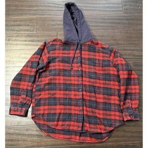 American Eagle Flannel Shirt Hoodie Womens Size M Medium Top Blue Red Plaid